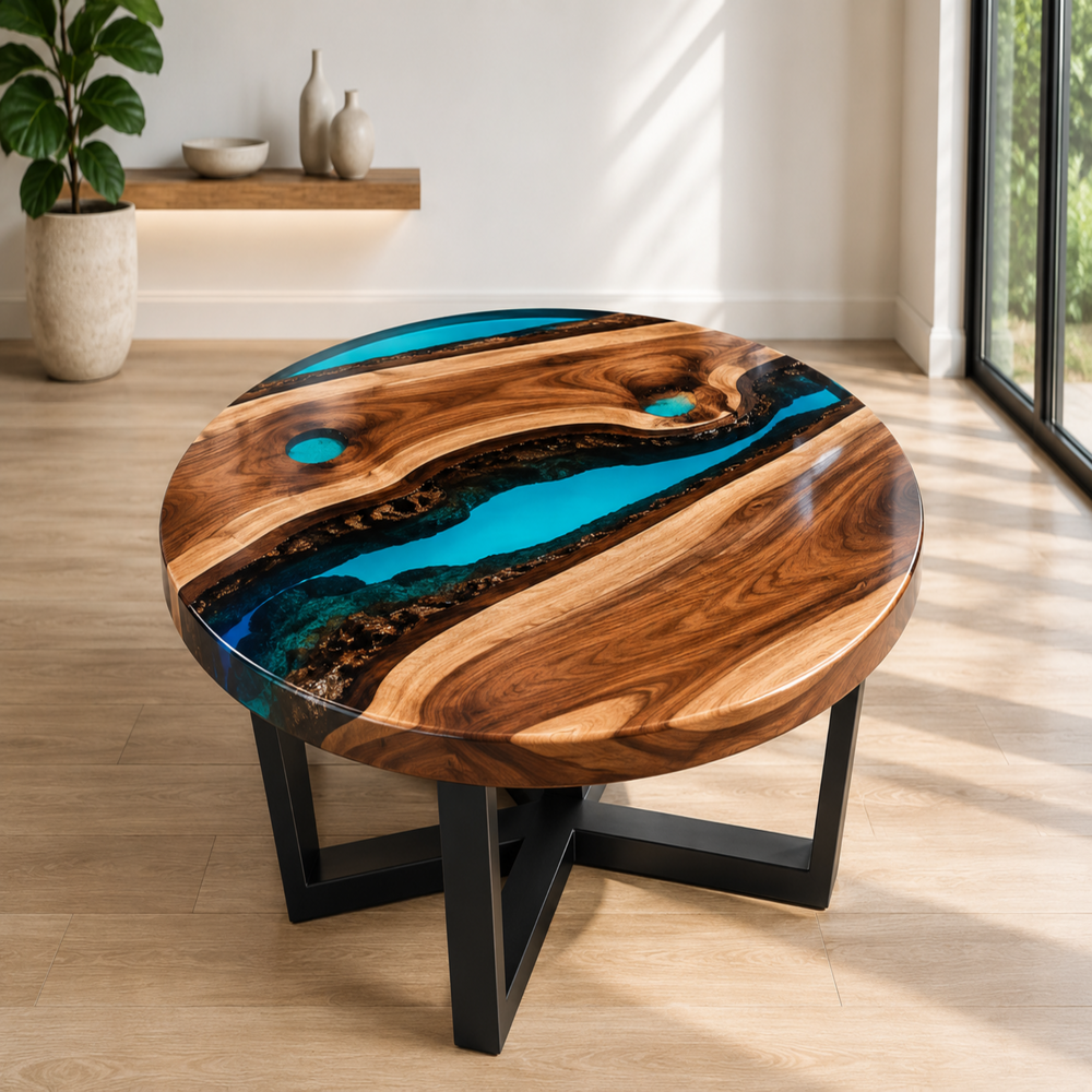 Handcrafted Aqua Resin Round Coffee Table