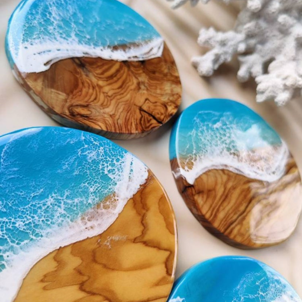 Olive Wood Resin Sea Waves Coasters