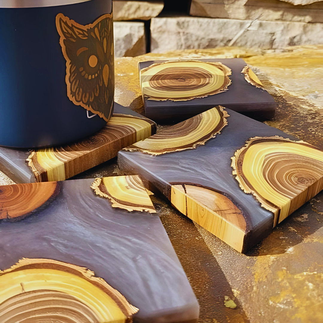 Set of coasters, coffee color with Elm wood.
