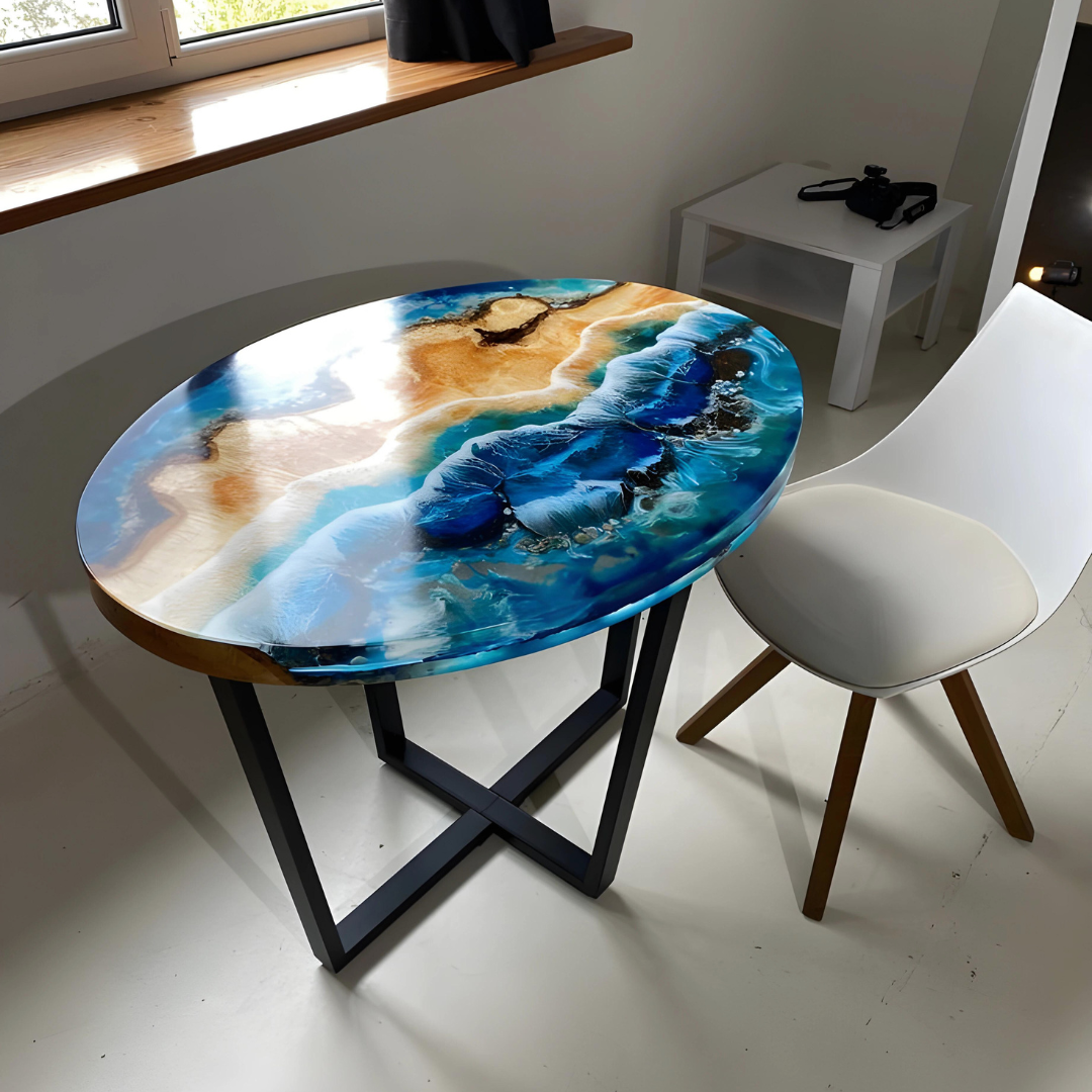 Oval Living Room Table with Blue Epoxy
