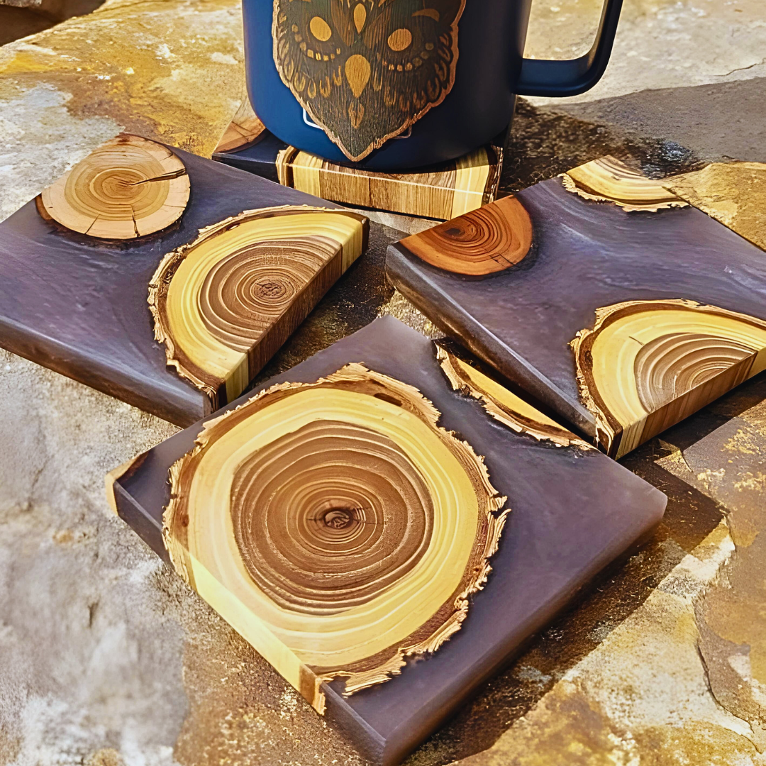Set of coasters, coffee color with Elm wood.