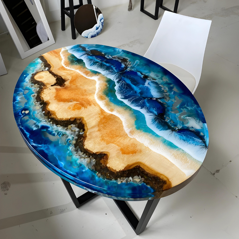 Oval Living Room Table with Blue Epoxy