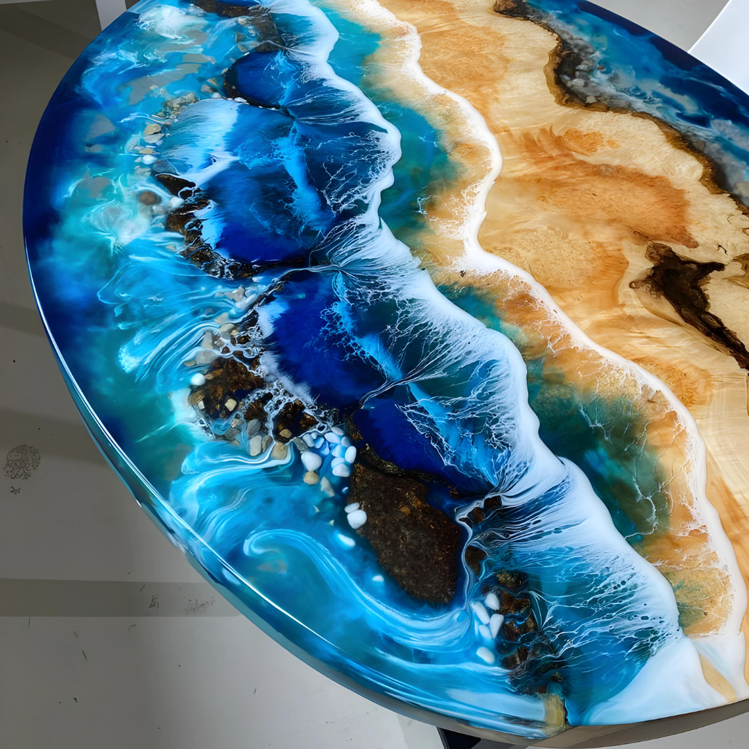Oval Living Room Table with Blue Epoxy