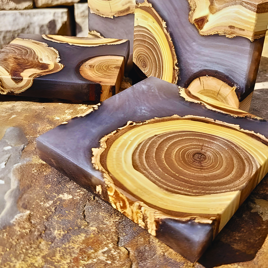 Set of coasters, coffee color with Elm wood.