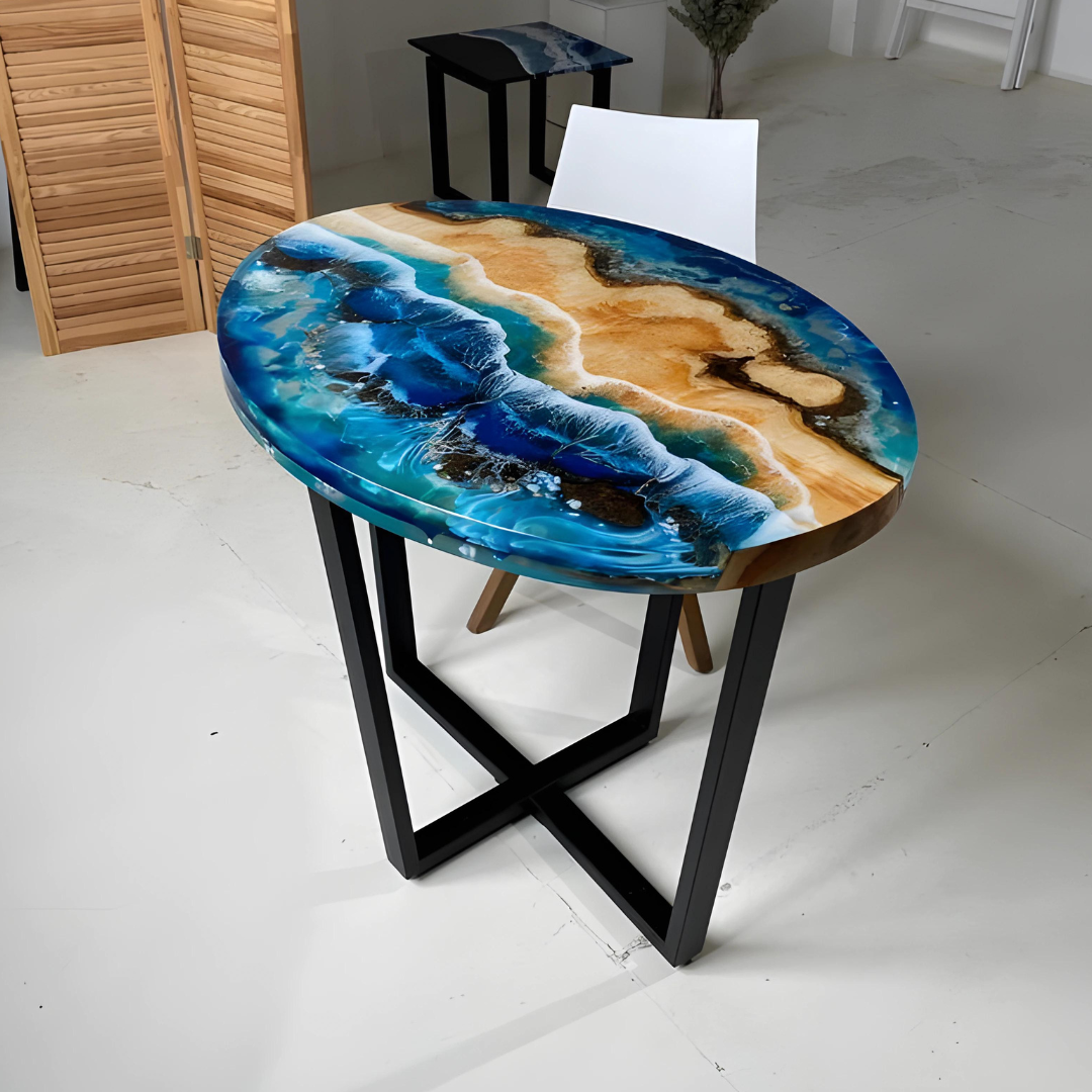 Oval Living Room Table with Blue Epoxy