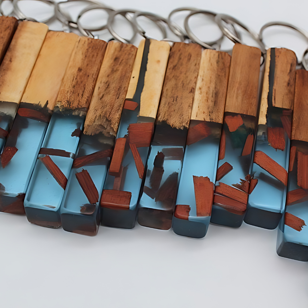 Blue Resin Wood chunk Keychains