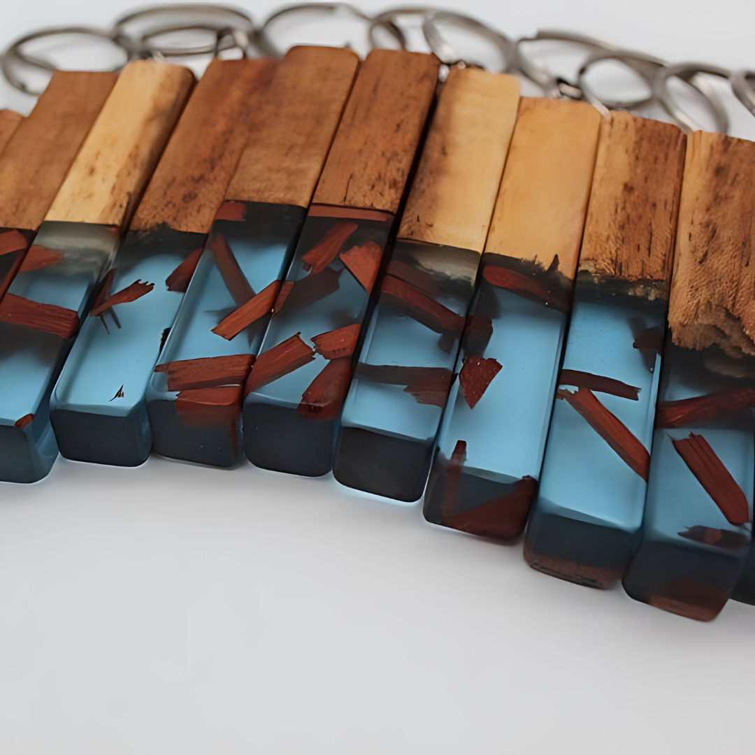 Blue Resin Wood chunk Keychains