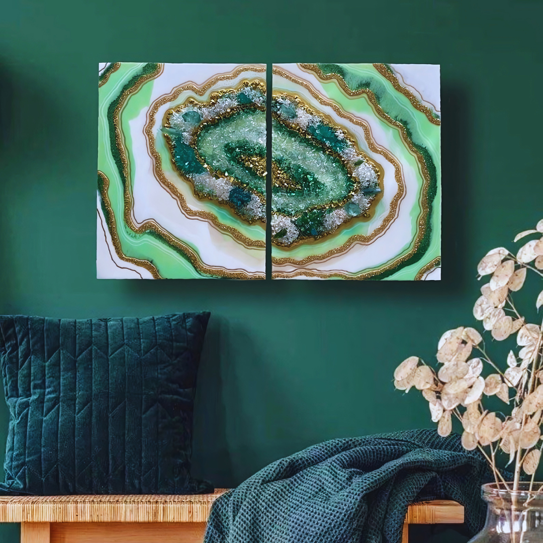 white/Green Epoxy Geode Wall Decor
