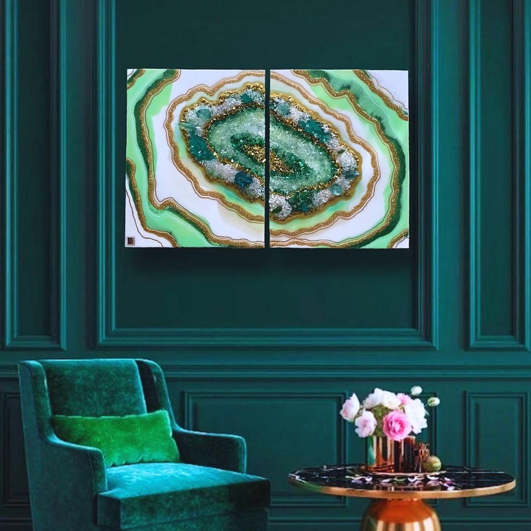 white/Green Epoxy Geode Wall Decor