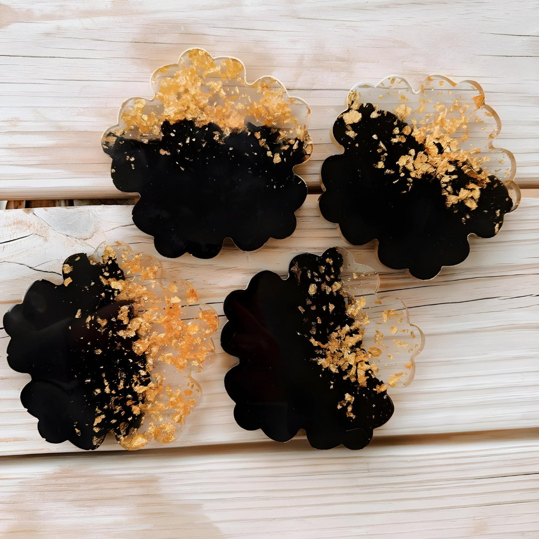 Black and Gold Flower Epoxy Resin Coaster