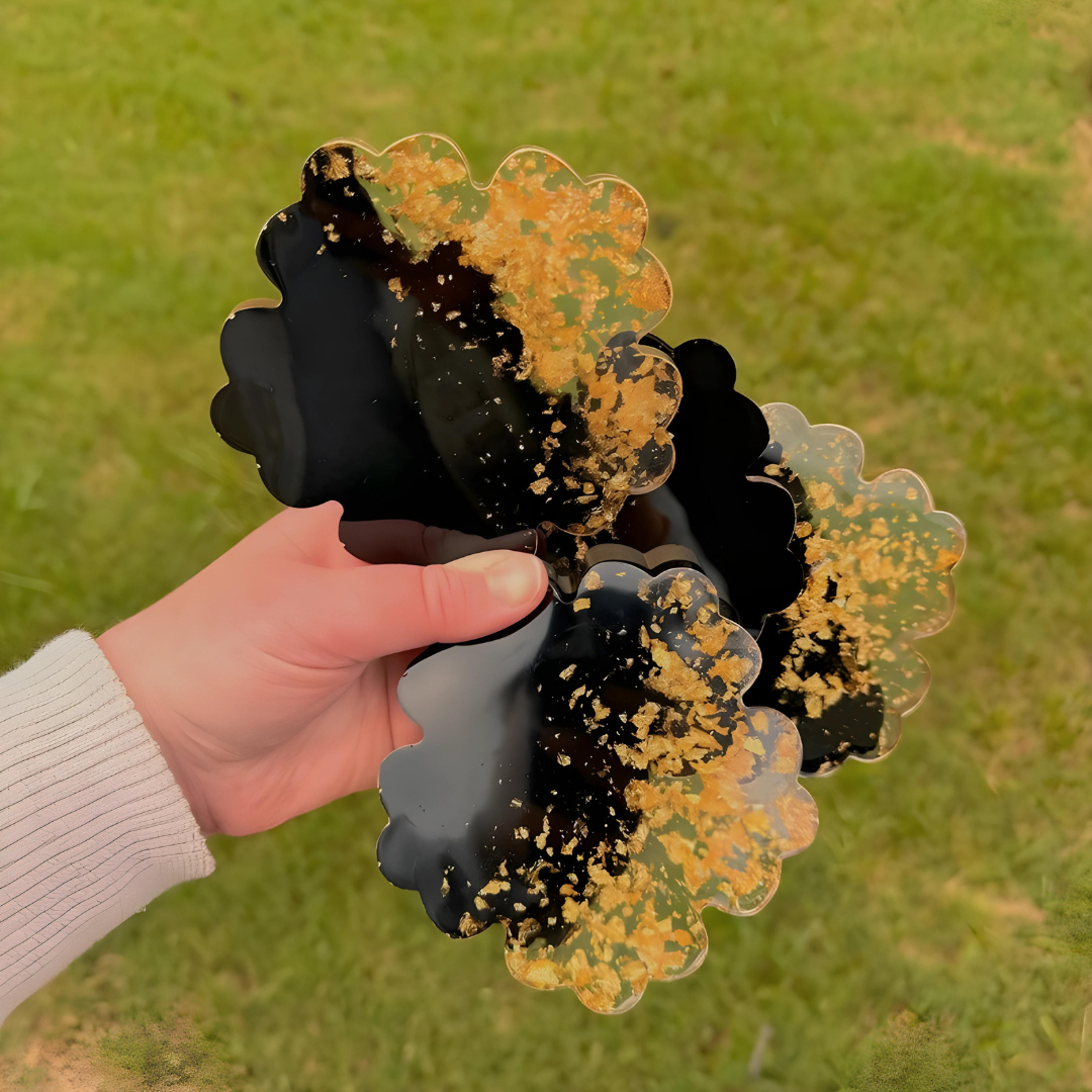 Black and Gold Flower Epoxy Resin Coaster