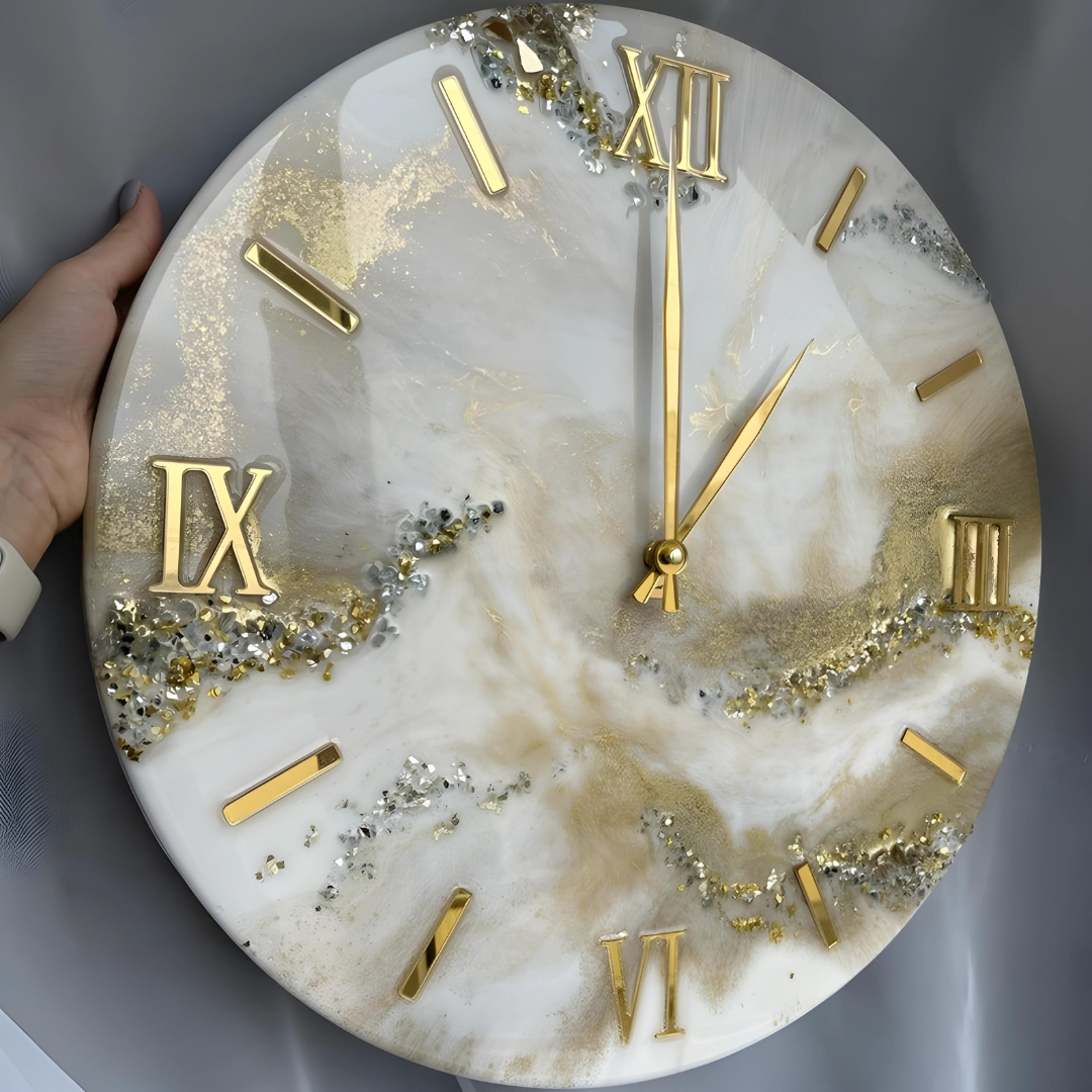 White and Golden Epoxy Clocks with natural stones