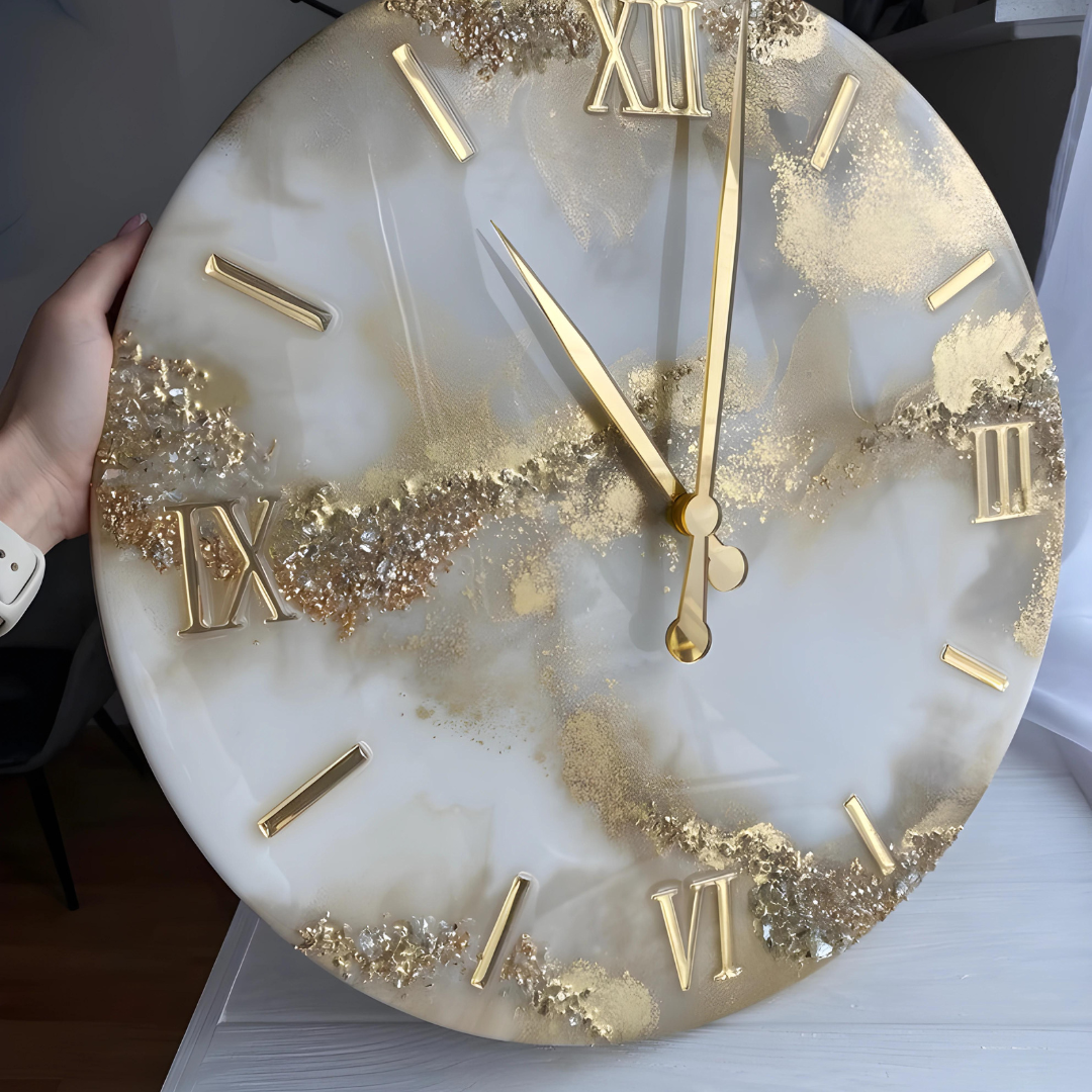 White and Golden Epoxy Clocks with natural stones