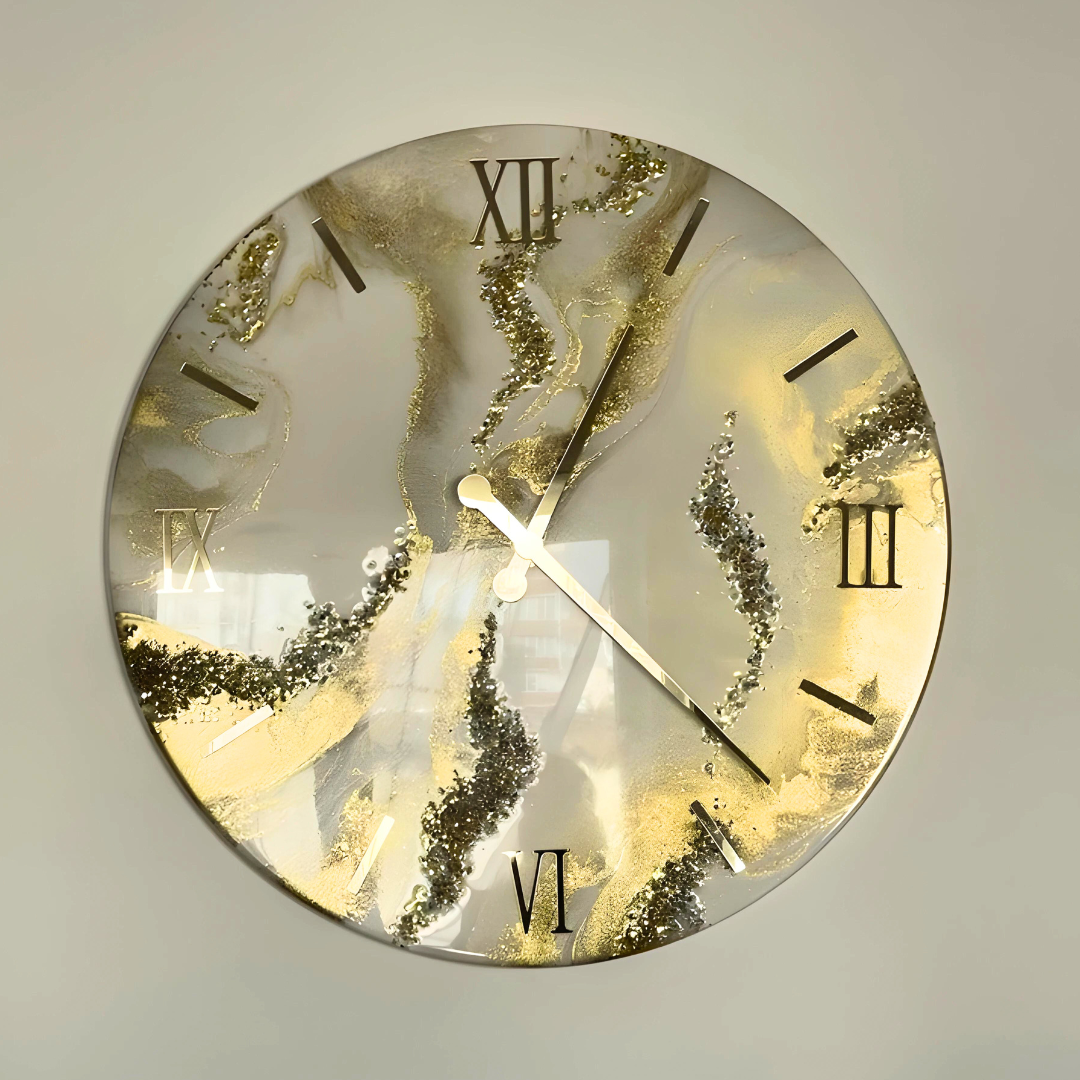 White and Golden Epoxy Clocks with natural stones