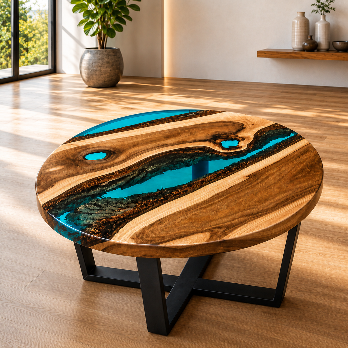 Handcrafted Aqua Resin Round Coffee Table