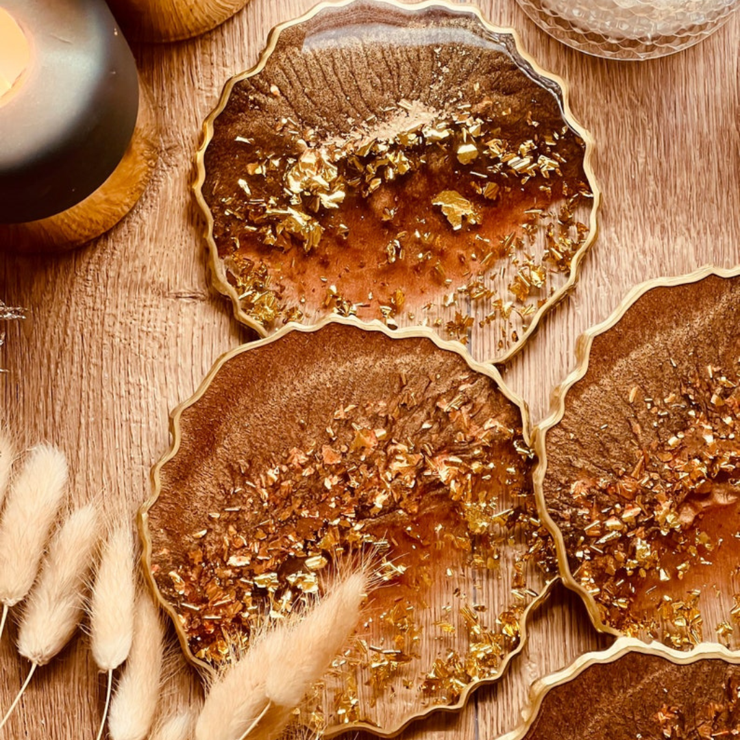 Resin coasters in brown with gold