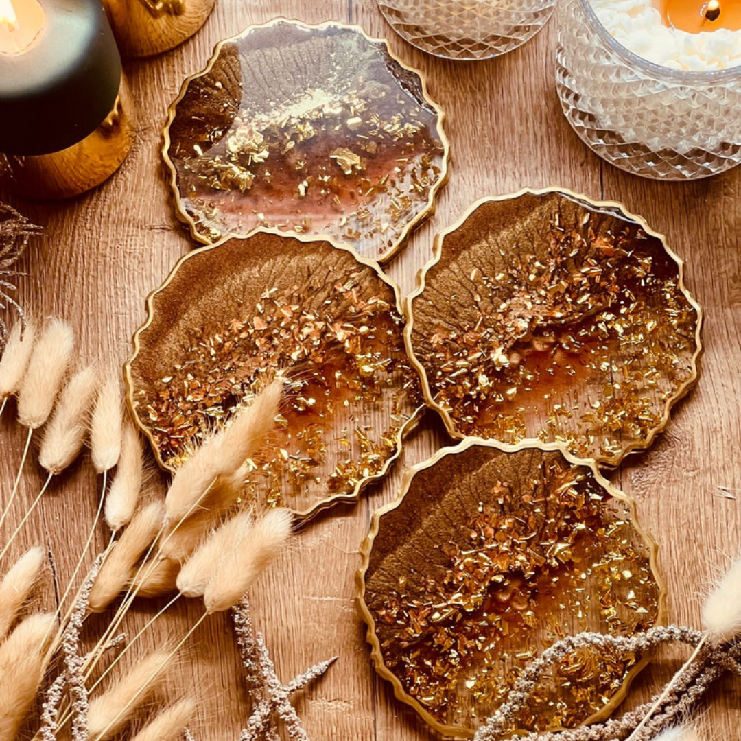 Resin coasters in brown with gold