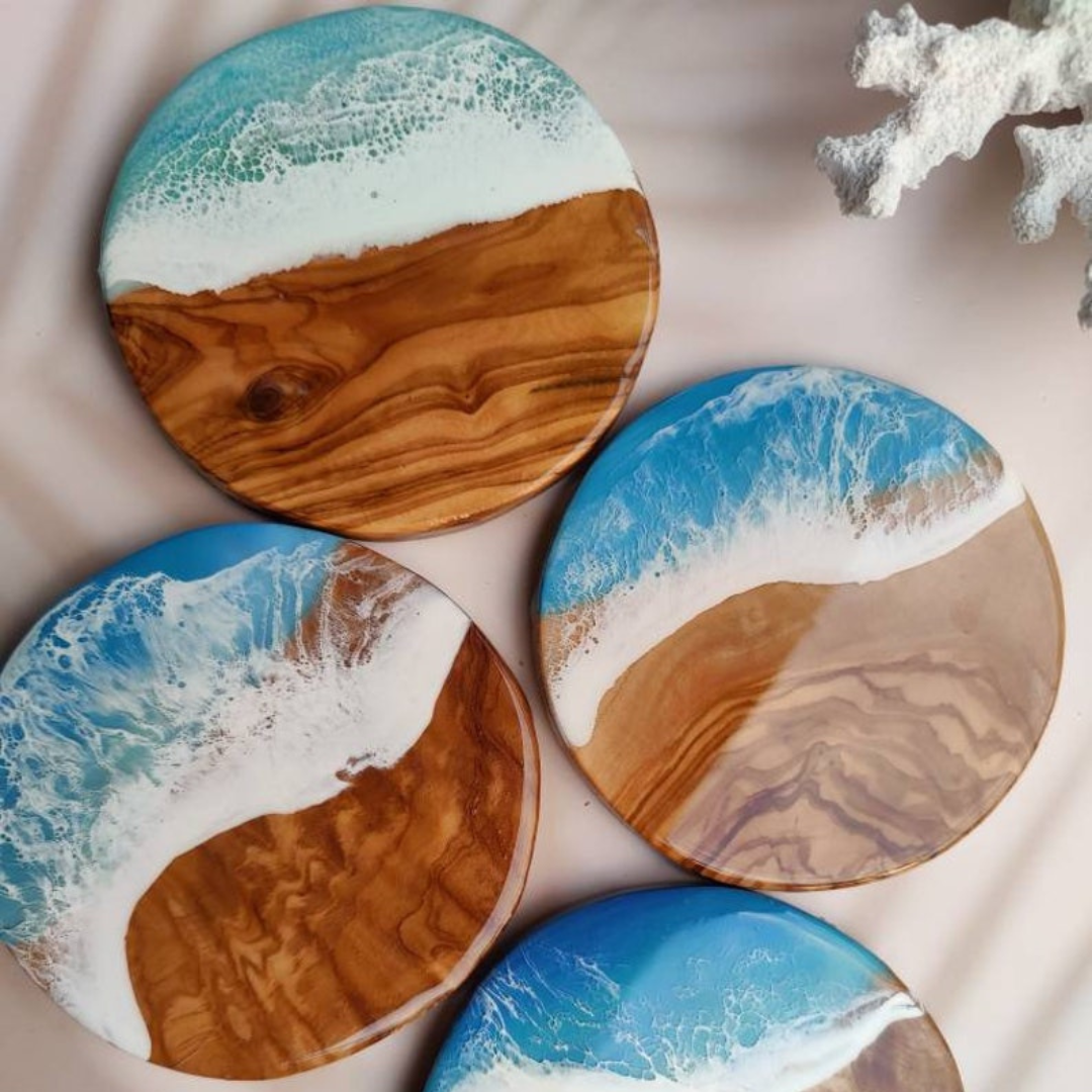 Olive Wood Resin Sea Waves Coasters