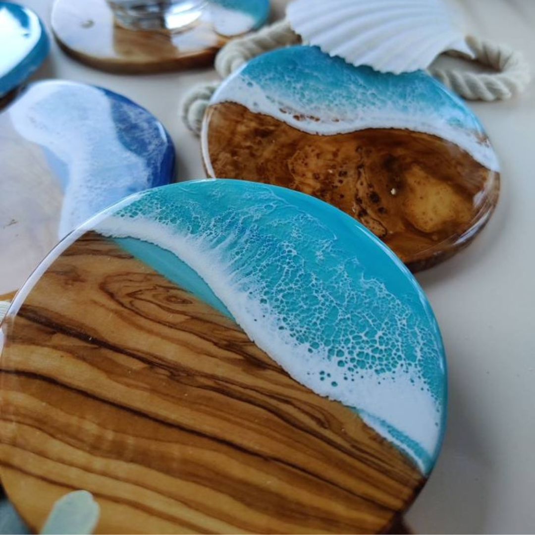 Olive Wood Resin Sea Waves Coasters