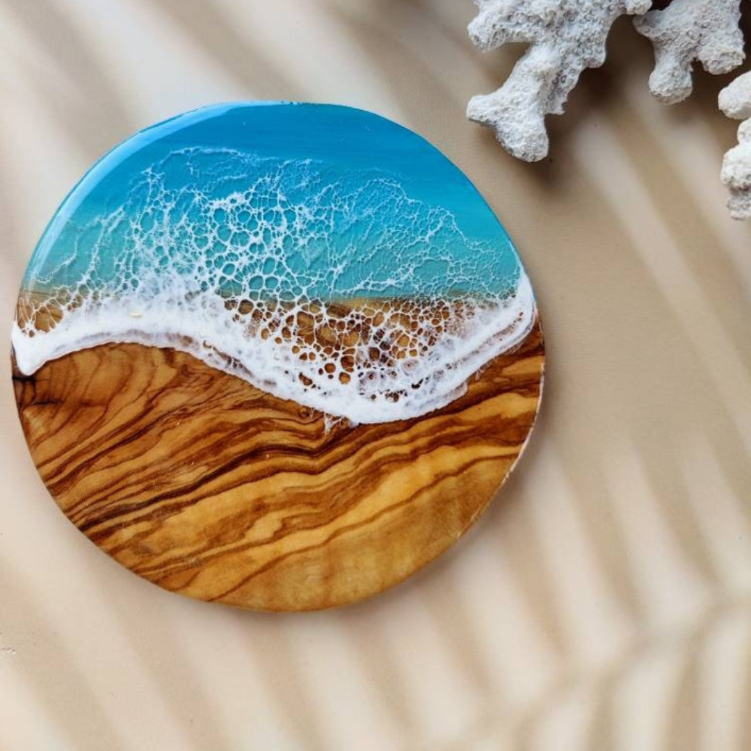 Olive Wood Resin Sea Waves Coasters