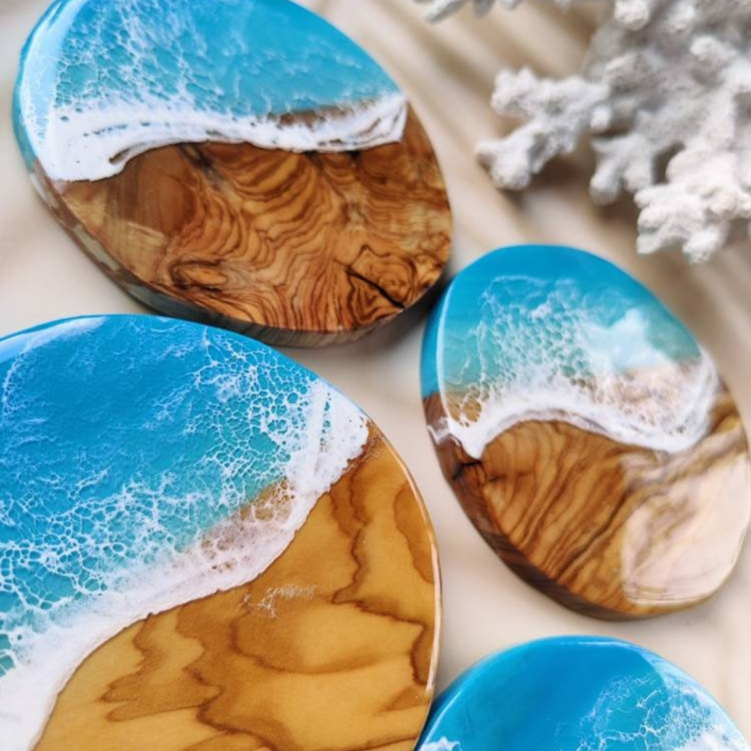 Olive Wood Resin Sea Waves Coasters