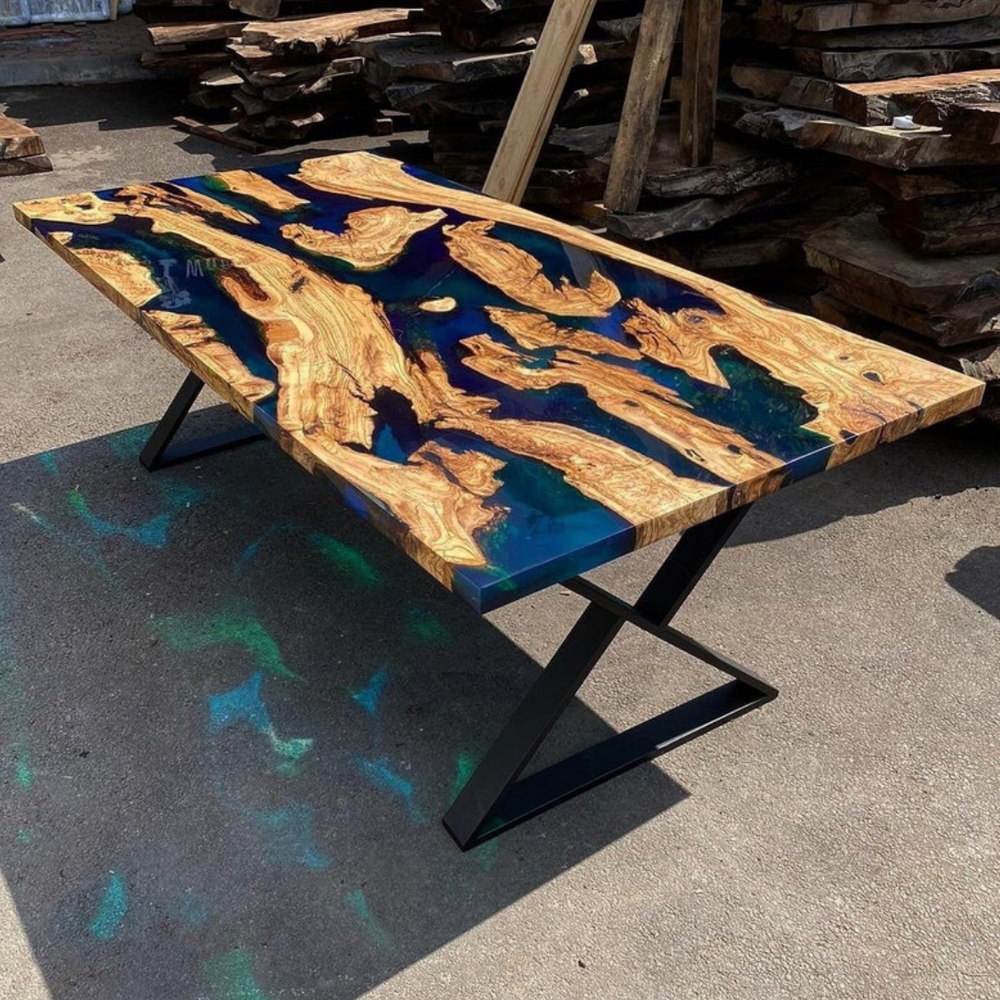 Blue Green Transparent Olive Wood Epoxy Table
