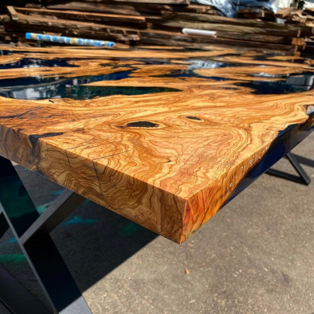 Blue Green Transparent Olive Wood Epoxy Table