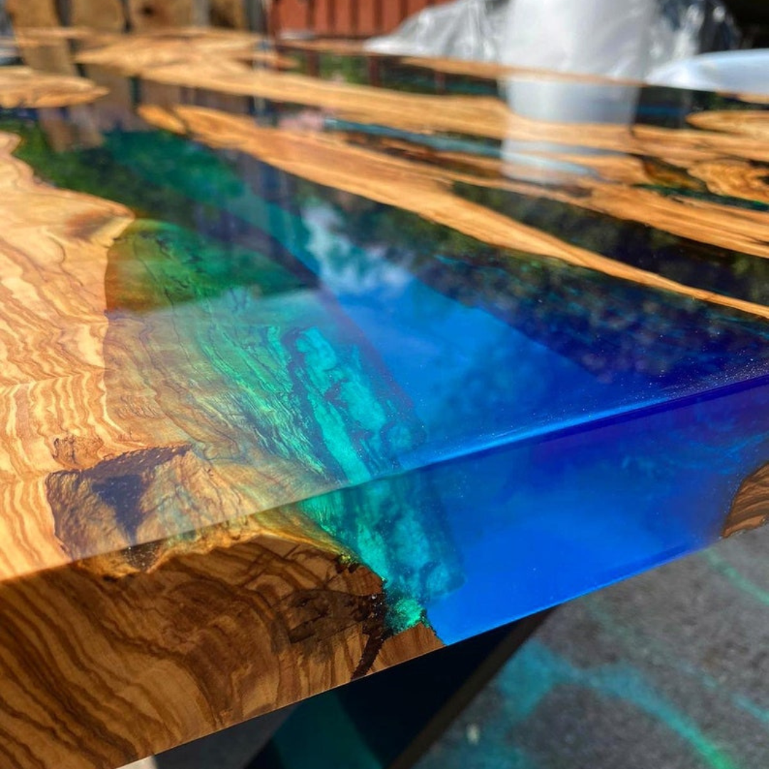 Blue Green Transparent Olive Wood Epoxy Table