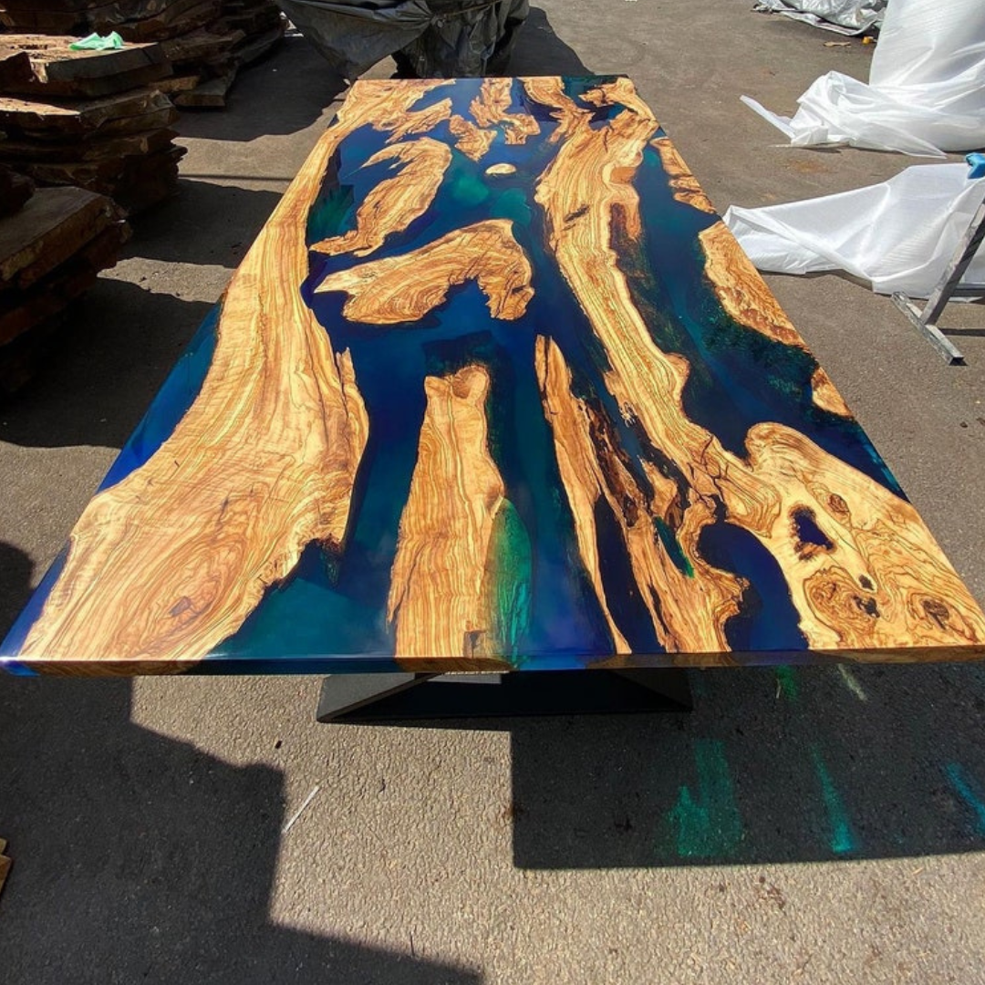 Blue Green Transparent Olive Wood Epoxy Table