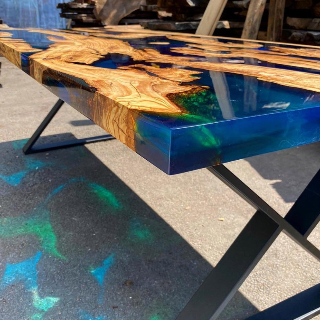 Blue Green Transparent Olive Wood Epoxy Table