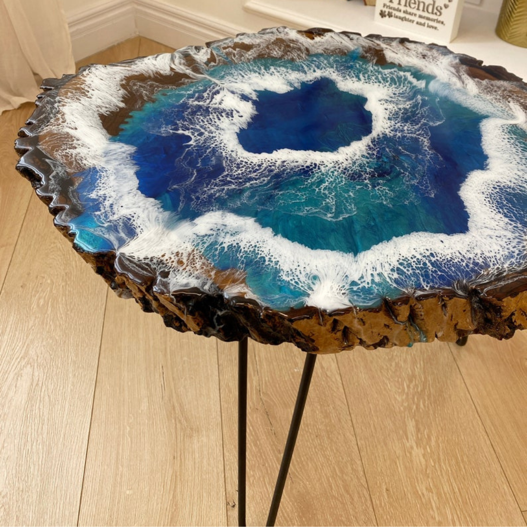 Epoxy Ocean Wave Wooden Side Table