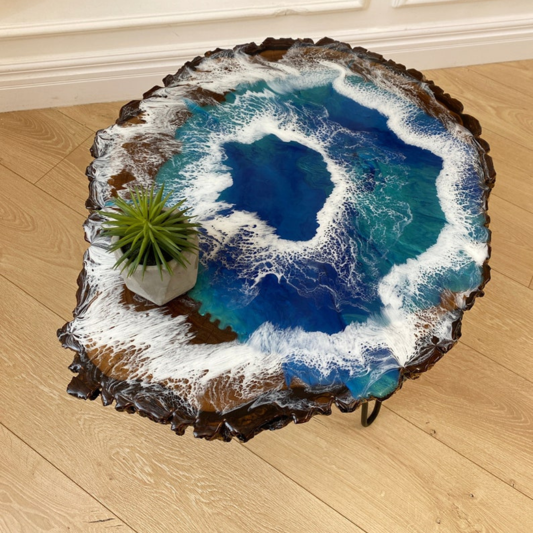 Epoxy Ocean Wave Wooden Side Table