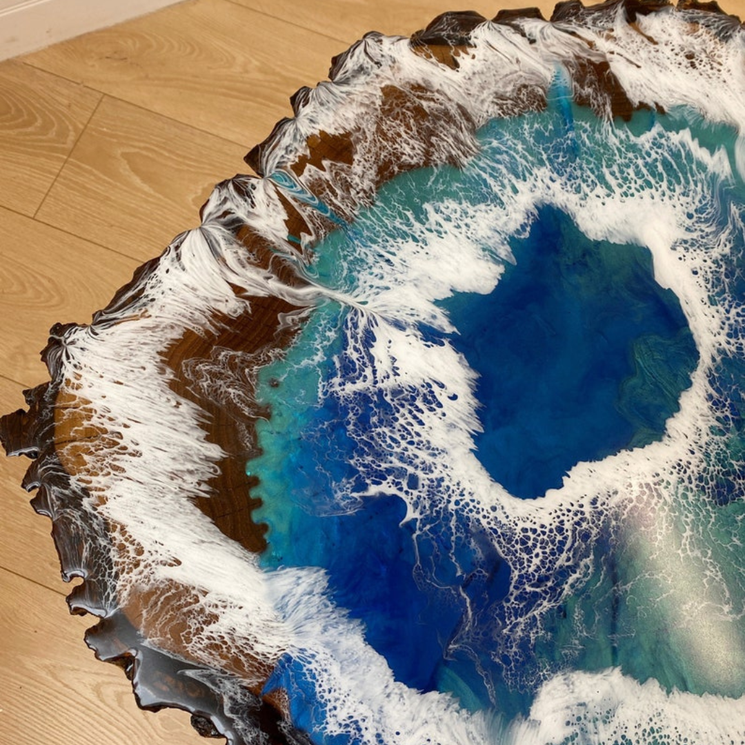 Epoxy Ocean Wave Wooden Side Table