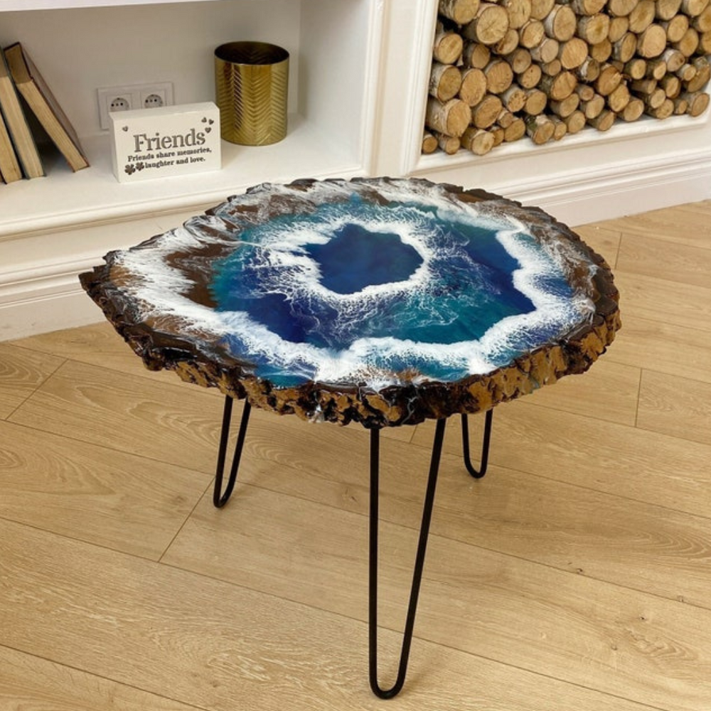 Epoxy Ocean Wave Wooden Side Table