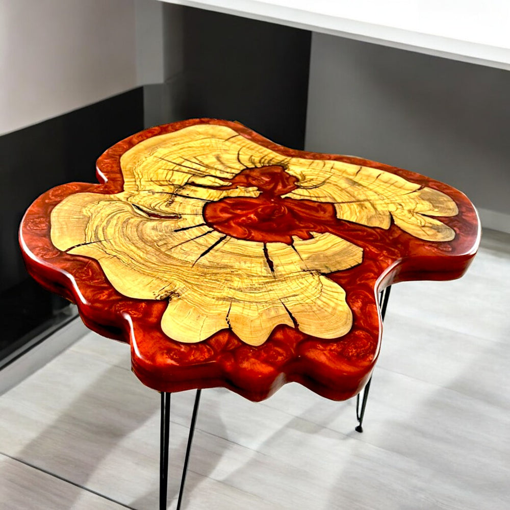 Red Epoxy Olive Wood Side Table