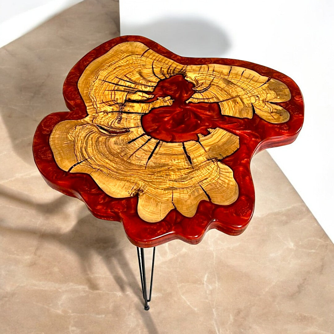 Red Epoxy Olive Wood Side Table