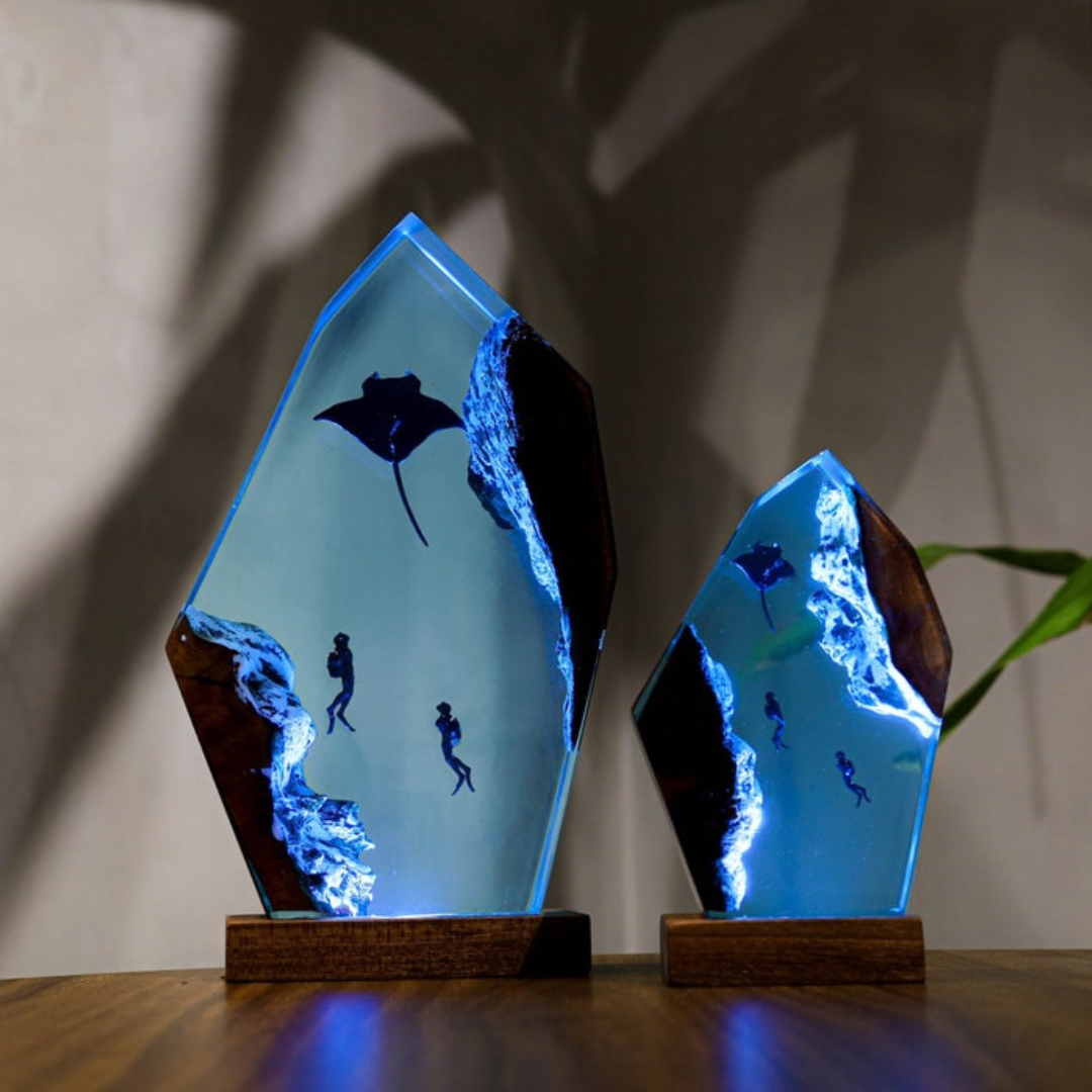 Manta Rays And Diver Epoxy Night Lights