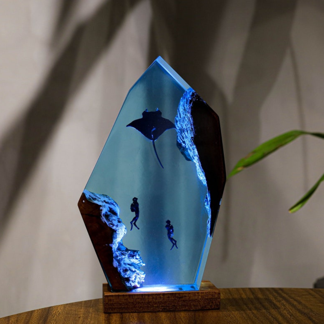 Manta Rays And Diver Epoxy Night Lights