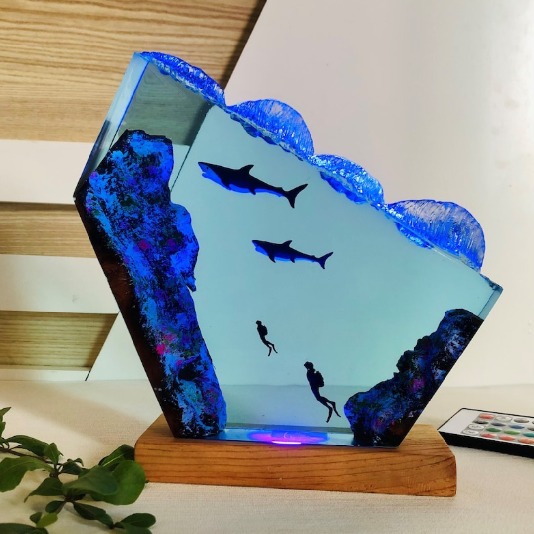 Mother and baby Sharks Epoxy and Wooden Night