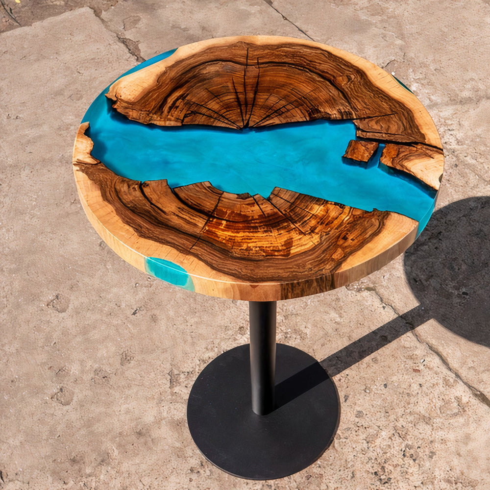 Round Side table with resin turquoise river