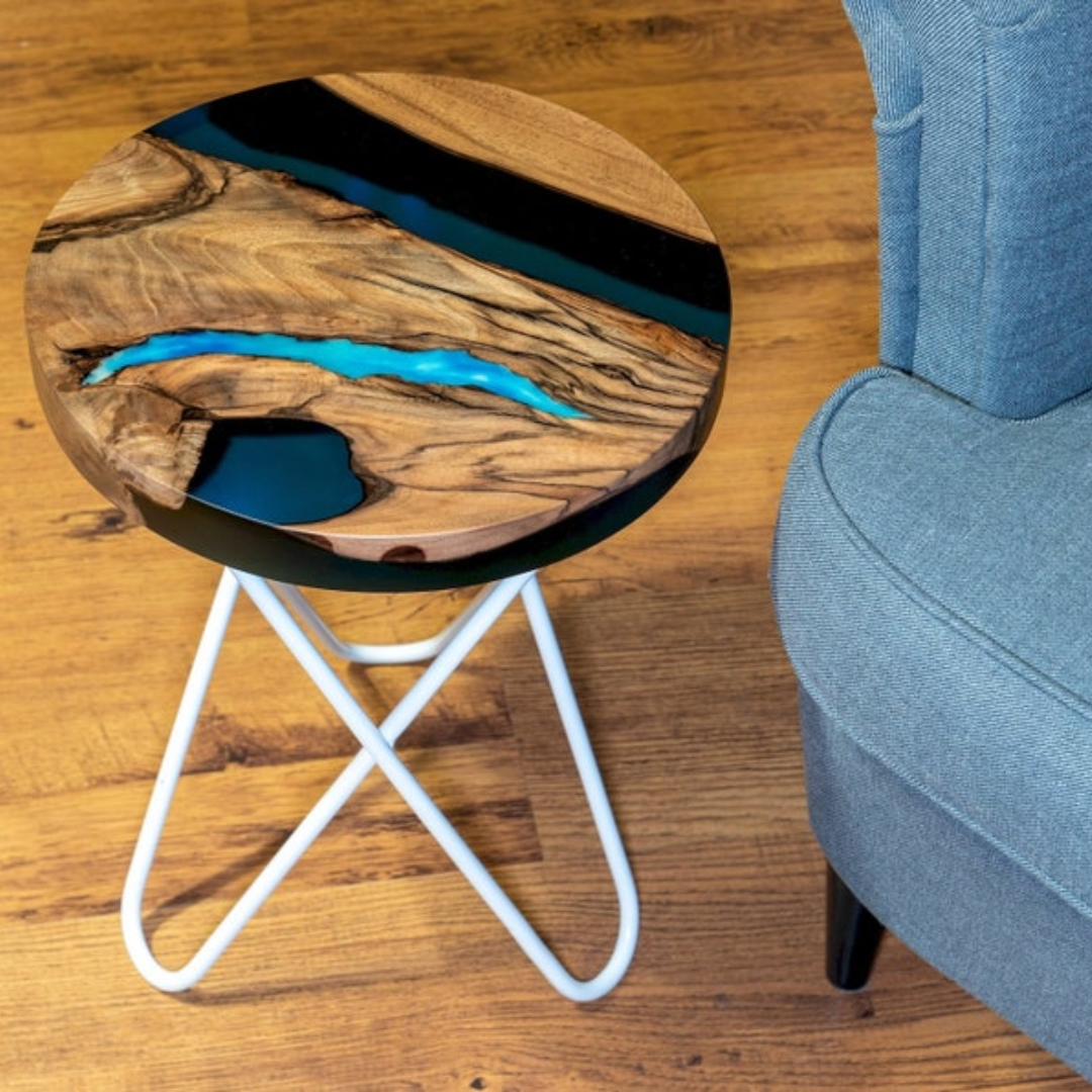 Walnut modern resin river round Side table