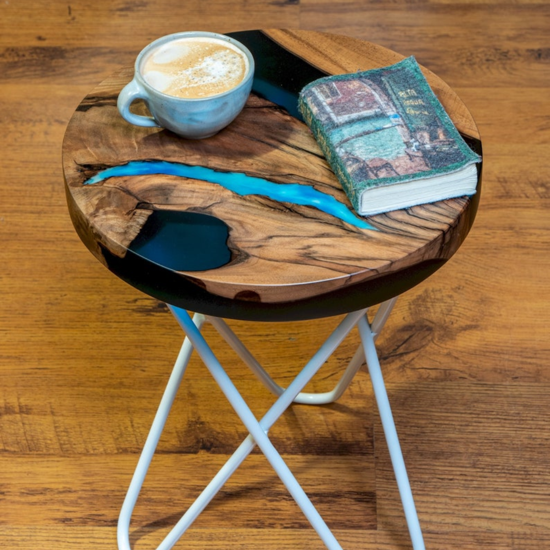 Walnut modern resin river round Side table