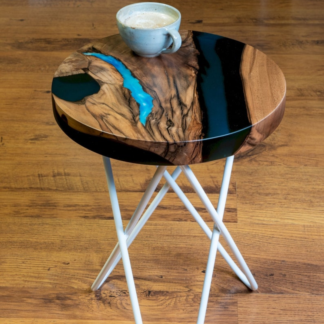 Walnut modern resin river round Side table