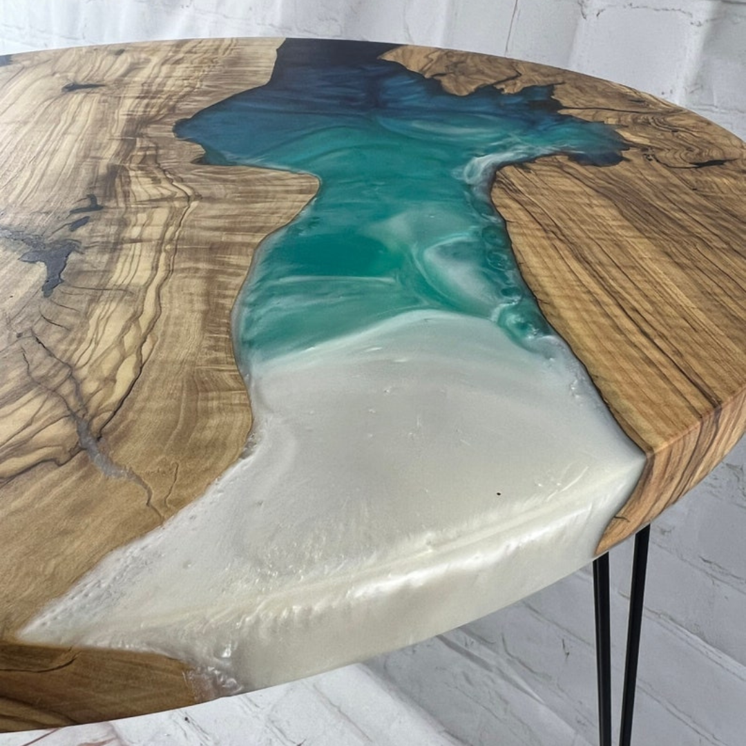 Custom Resin and Exotic Olive Wood Live Edge Coffee Table