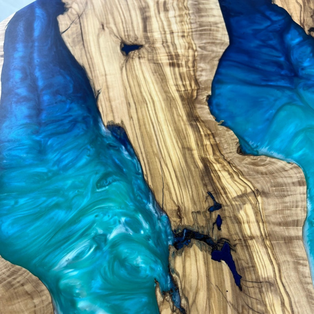 Custom Resin and Exotic Olive Wood Live Edge Coffee Table