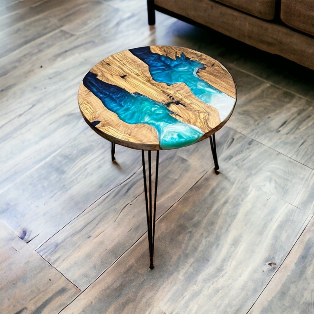 Custom Resin and Exotic Olive Wood Live Edge Coffee Table