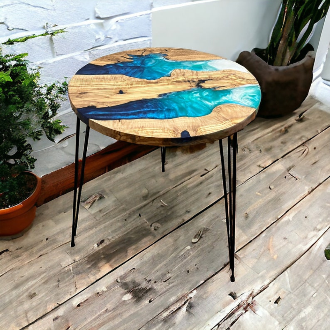 Custom Resin and Exotic Olive Wood Live Edge Coffee Table