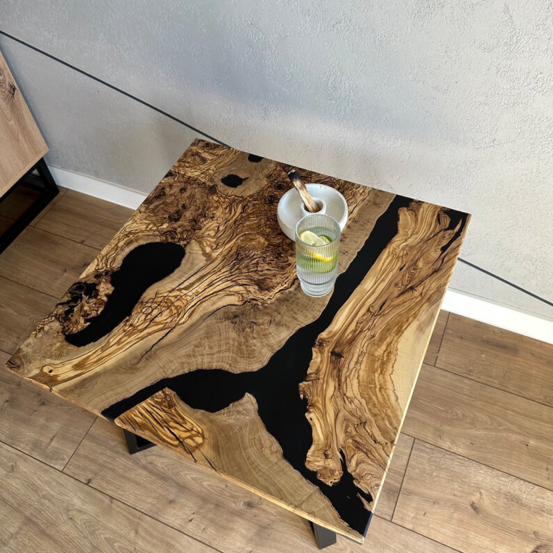 Coffee table made of olive wood and epoxy resin