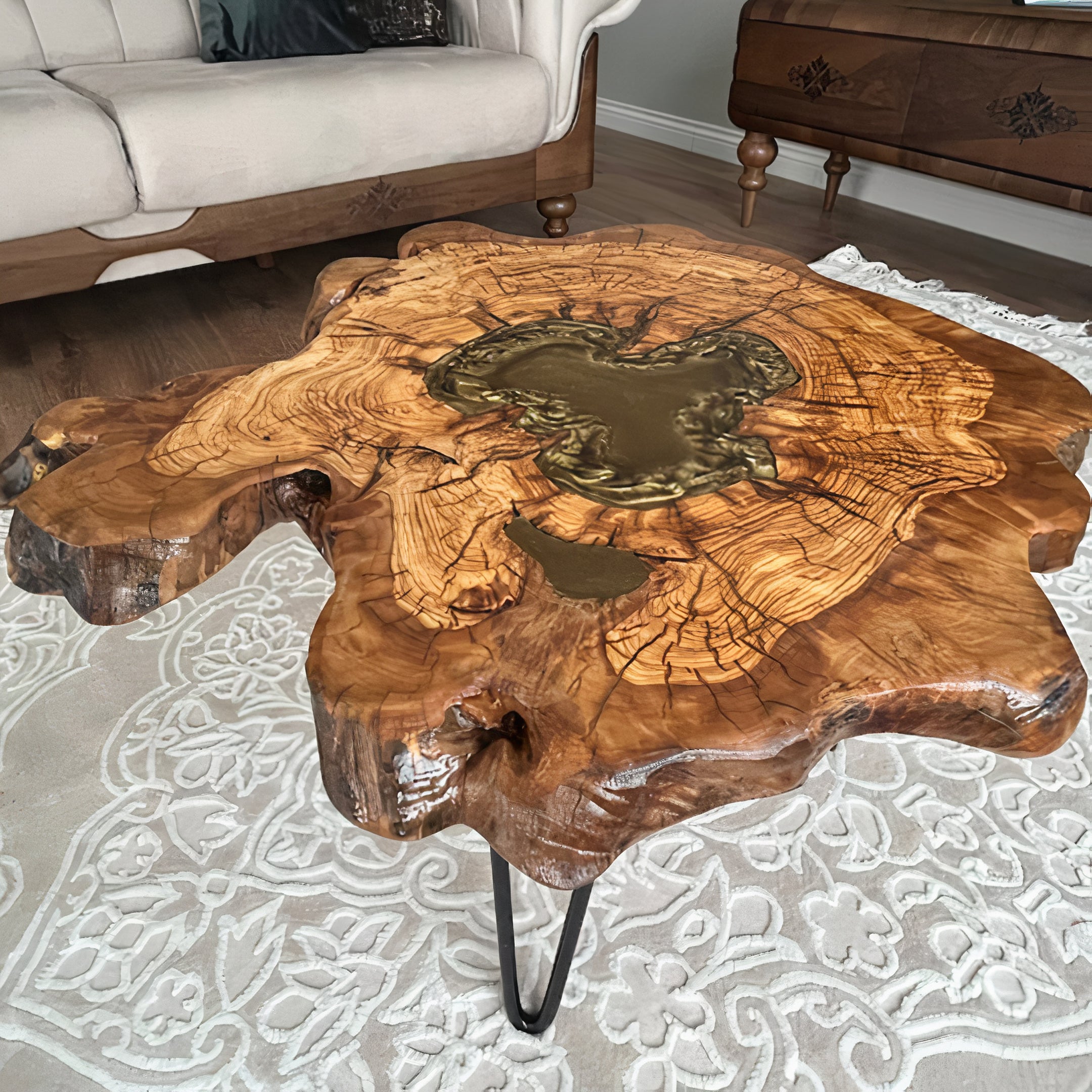 Live Edge Coffee Table with Epoxy Resin Olive Wood