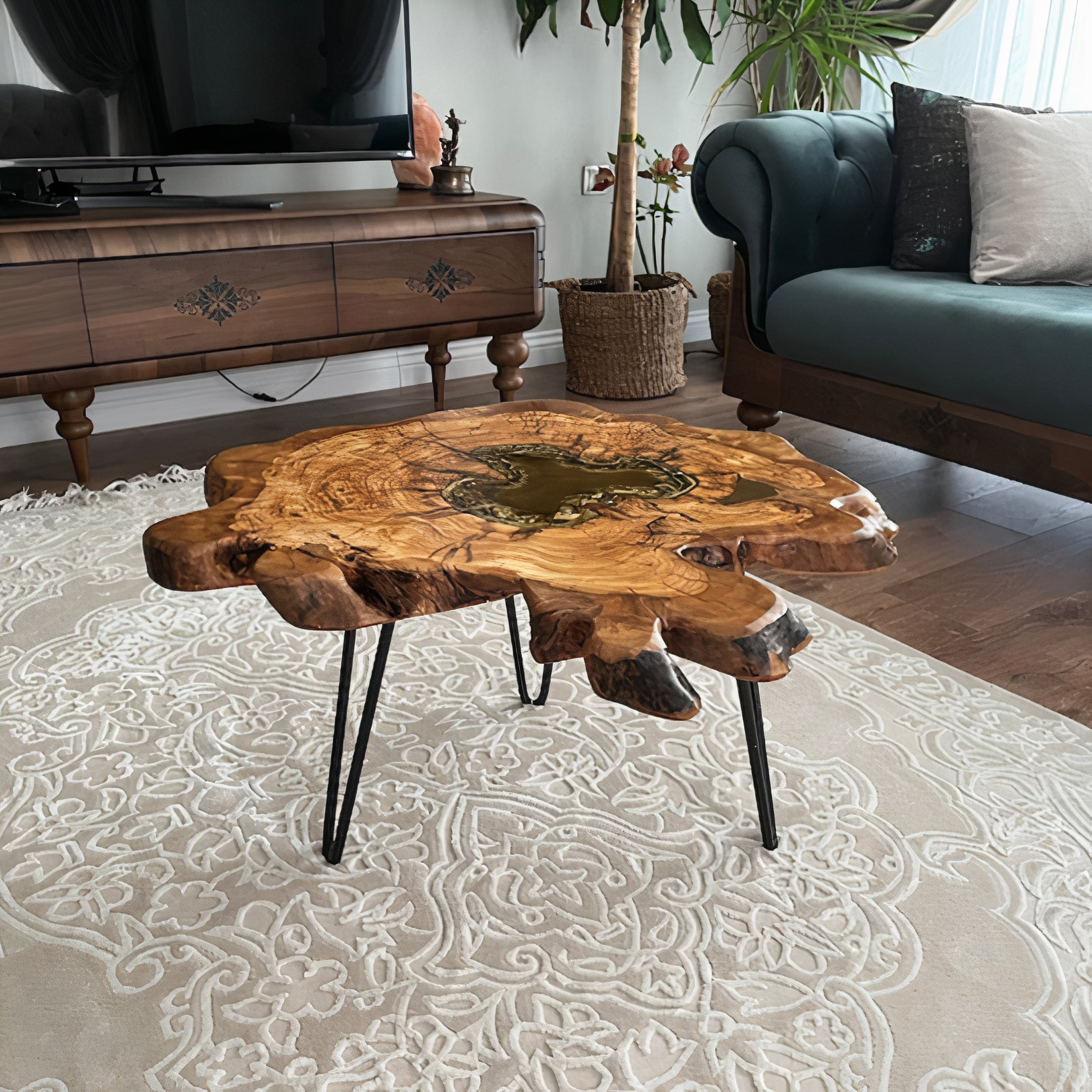 Live Edge Coffee Table with Epoxy Resin Olive Wood